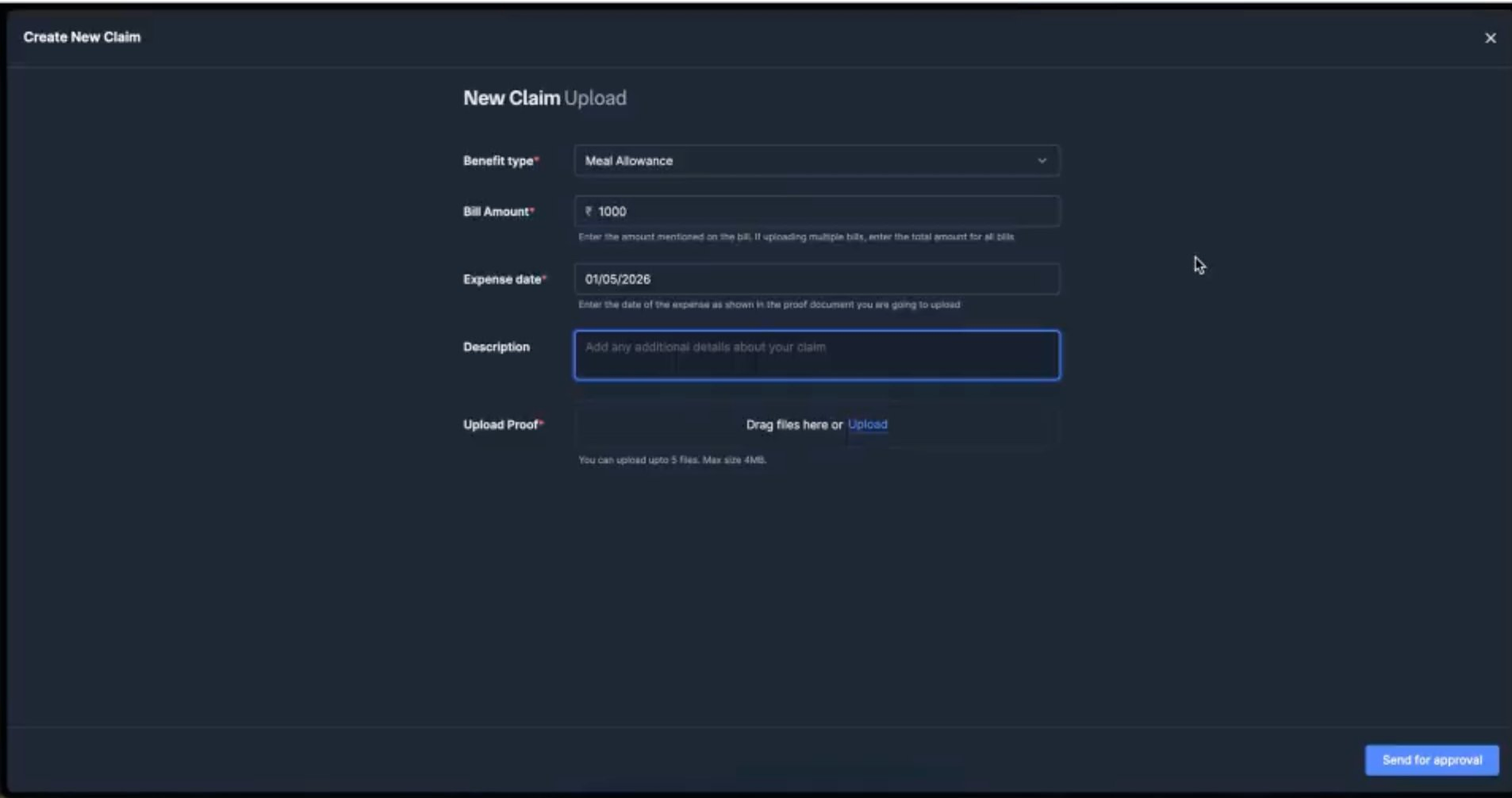 Create New Claim form with Benefit type Bill Amount Expense date Description and Upload Proof fields on RazorpayX Payroll