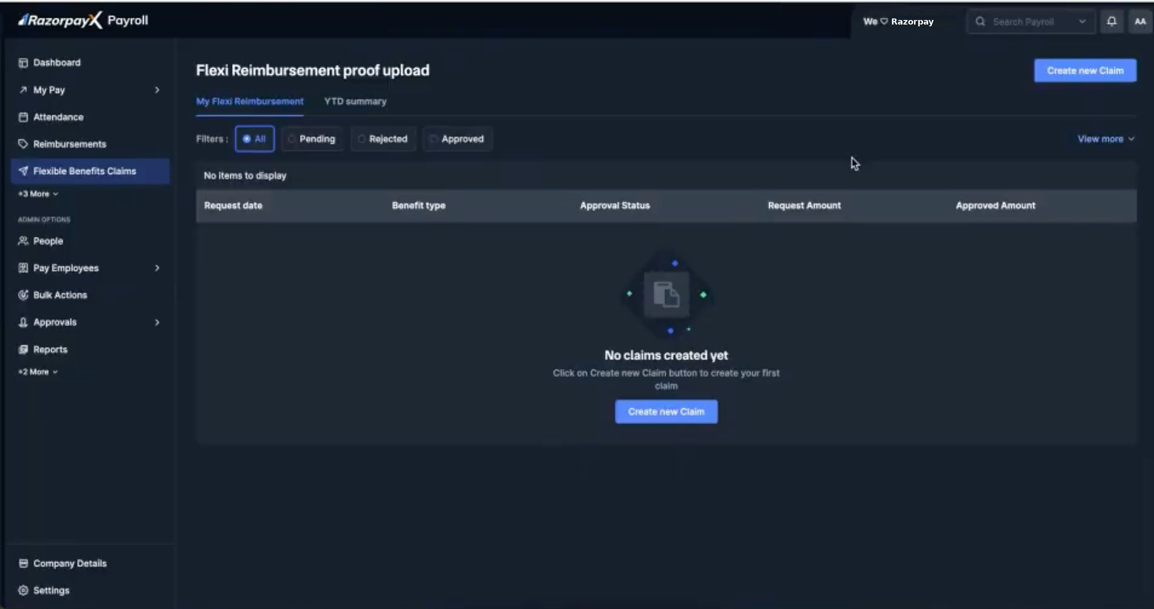 Flexible Benefits Claims page with claims list filters and Create new Claim action on RazorpayX Payroll