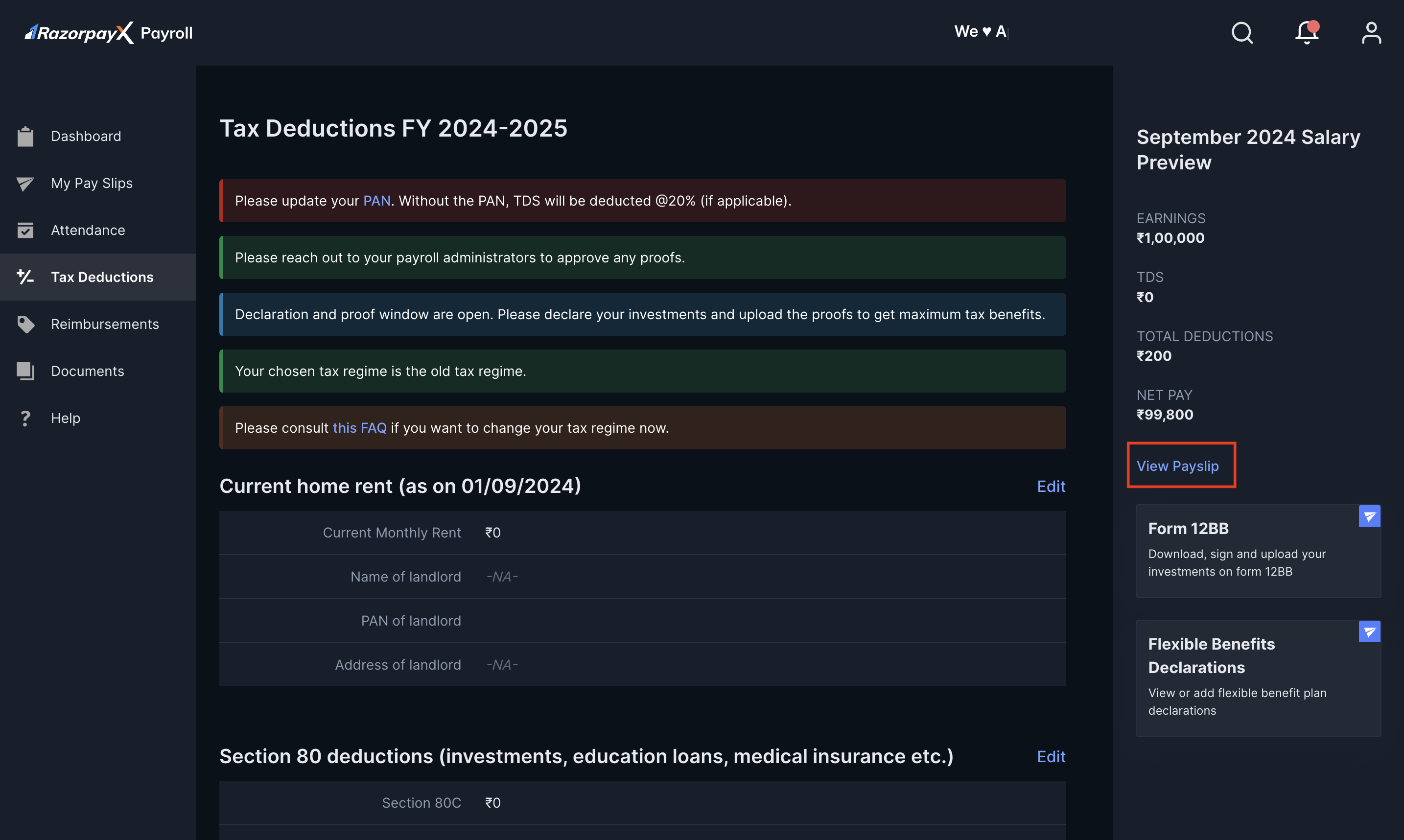 View Payslip on the Razorpay Payroll Dashboard