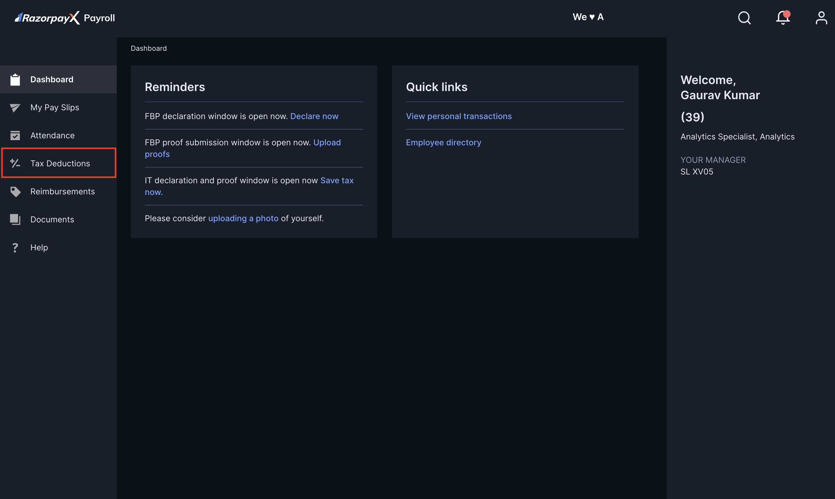 Tax Deductions option on left menu in Razorpay Payroll Dashboard