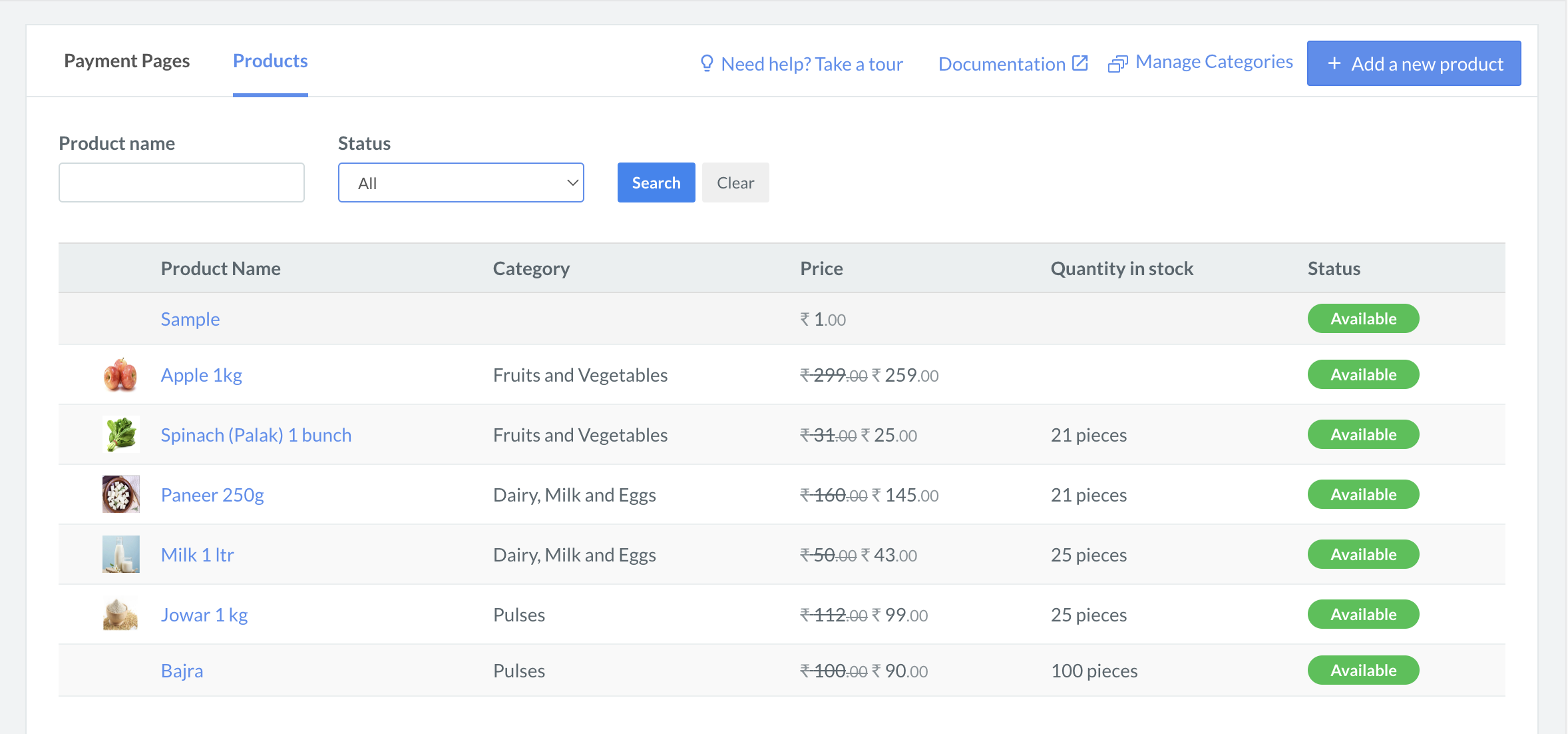 Webstore Product list on Razorpay Dashboard.