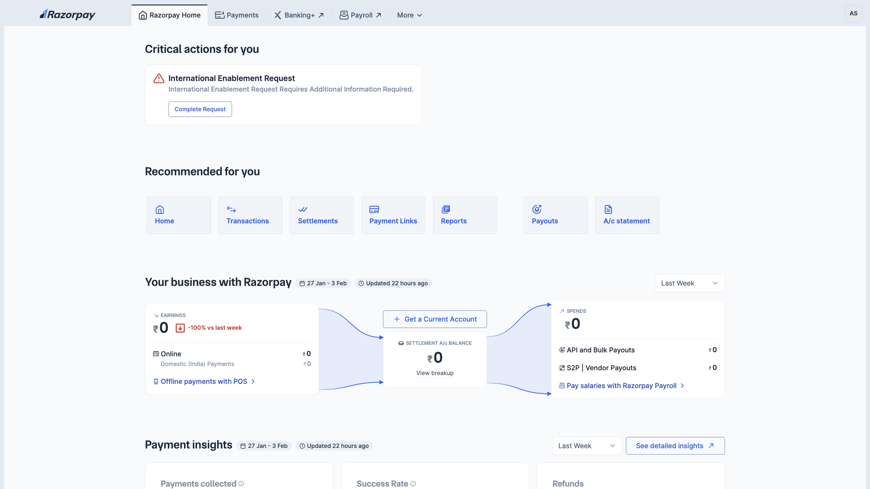 razorpay home dashboard