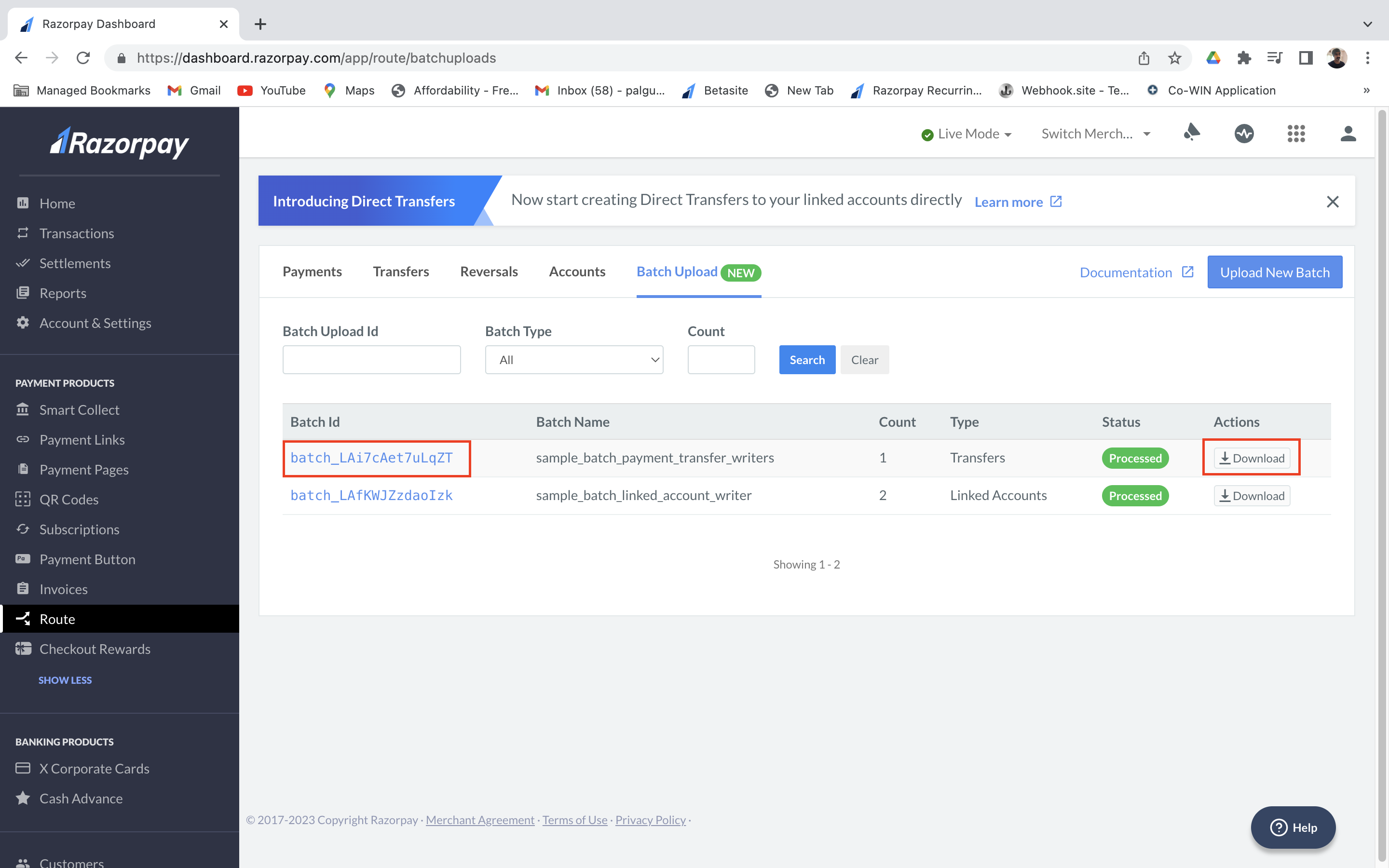 Route transfers Batch Upload report