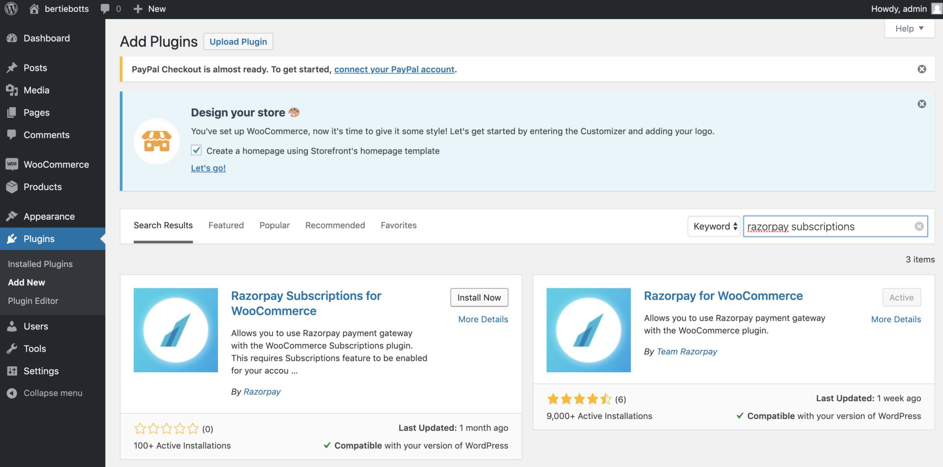 Install Razorpay Subscription via wordpress plugin directory