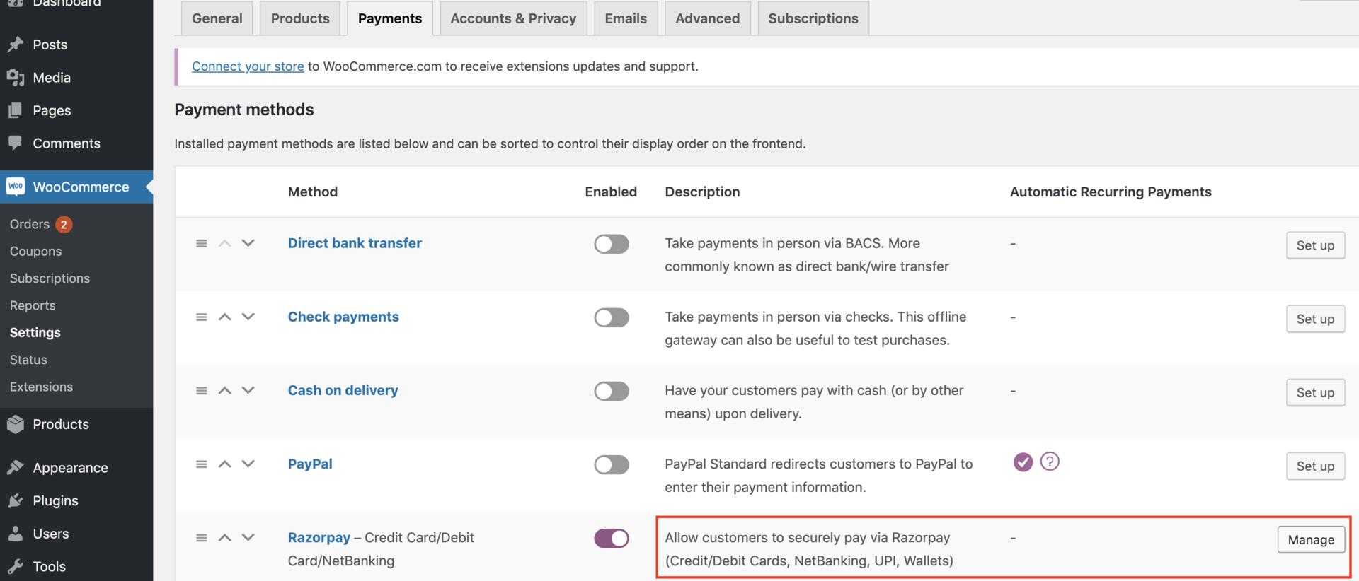 Configure Woocommerce settings on Razorpay Payments page