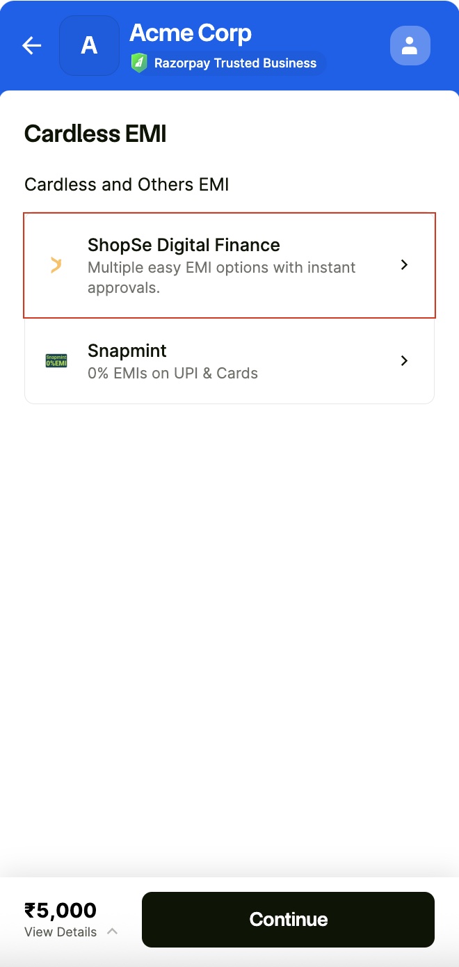 Select shopse payment instrument