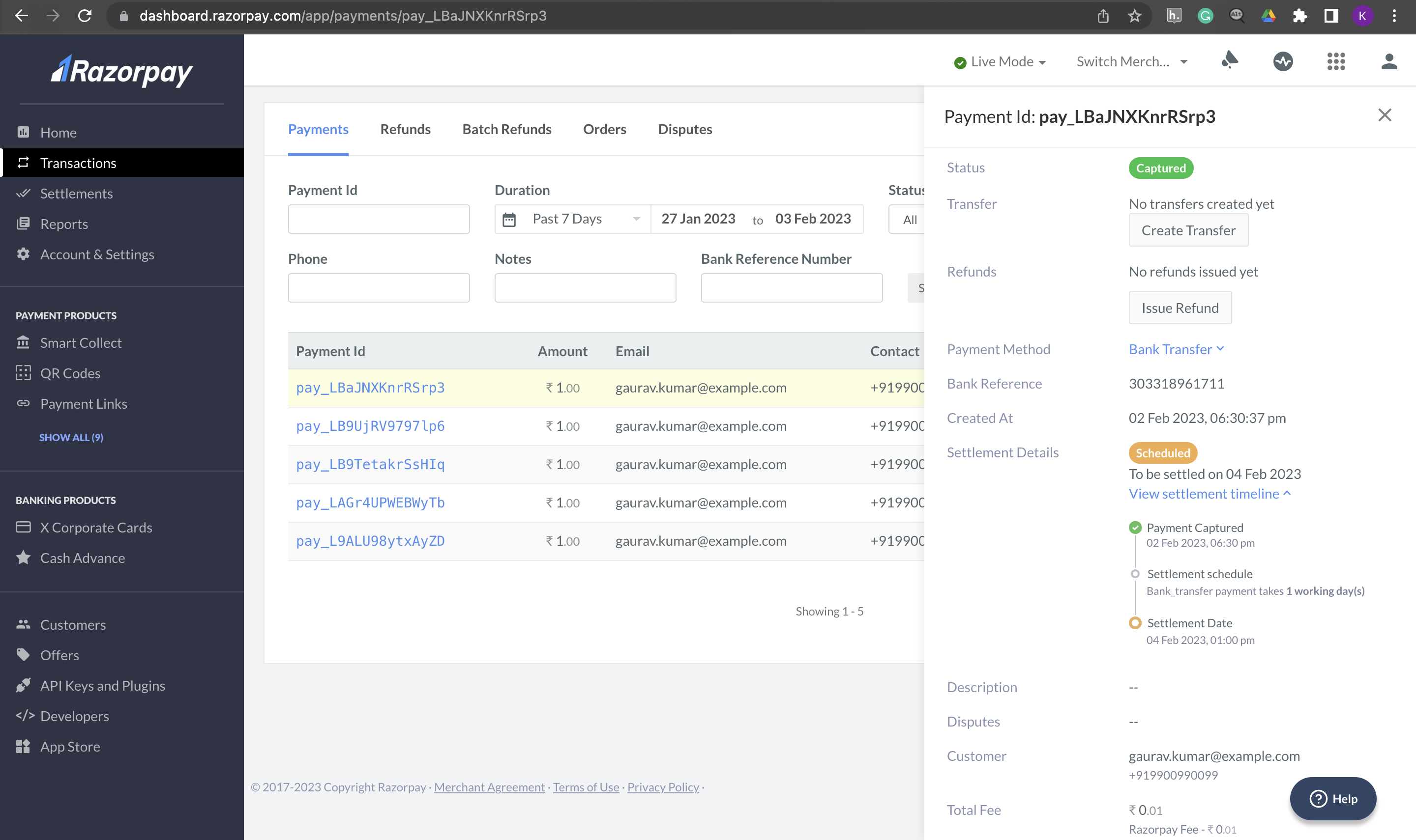 Razorpay Dashboard - Settlements Details