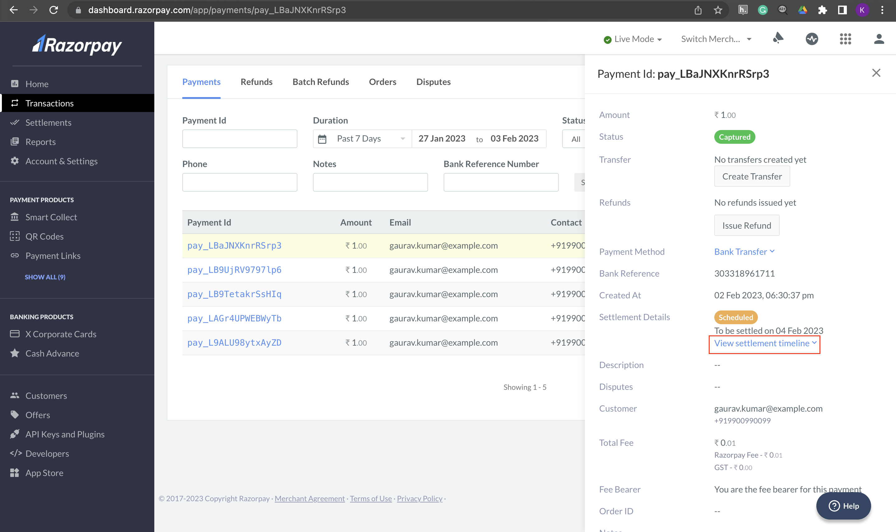 Razorpay Dashboard - View settlement timeline