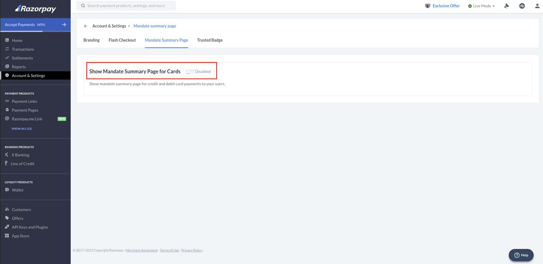 Enable show Mandate Summary Page for cards option