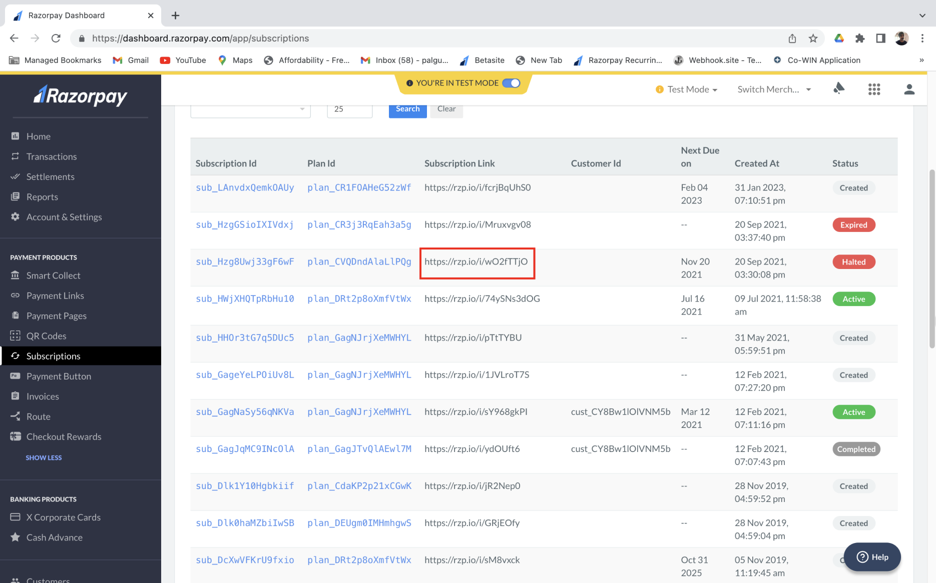 Sub Subscription links for halted and pending subscriptions