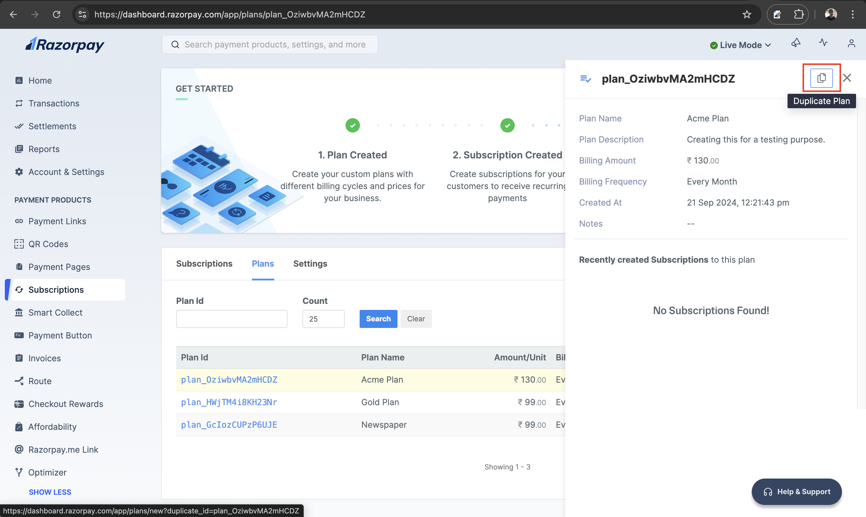 Plan duplicate option on Subscription plan duplicate page