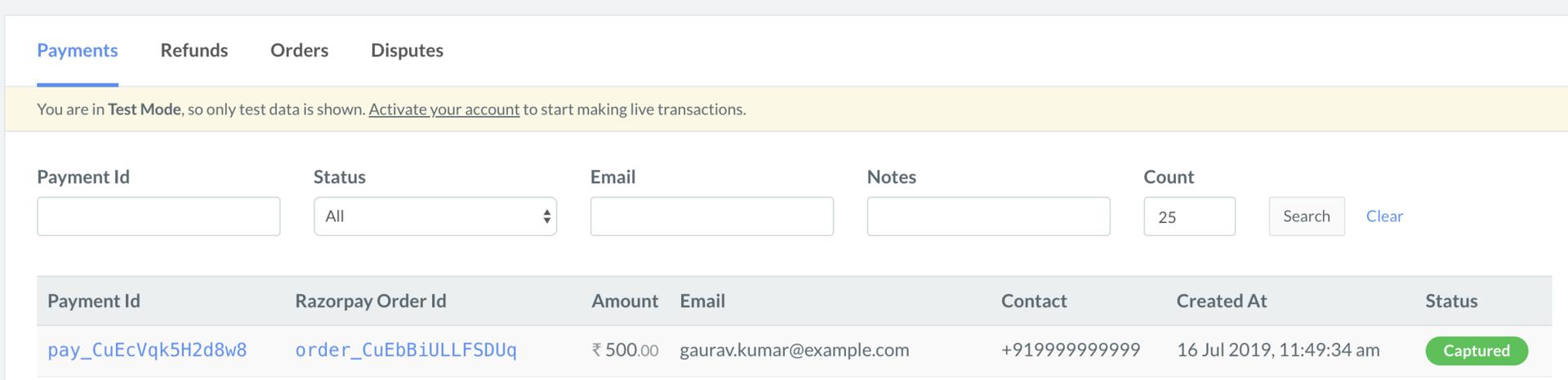Payment details on Dashboard