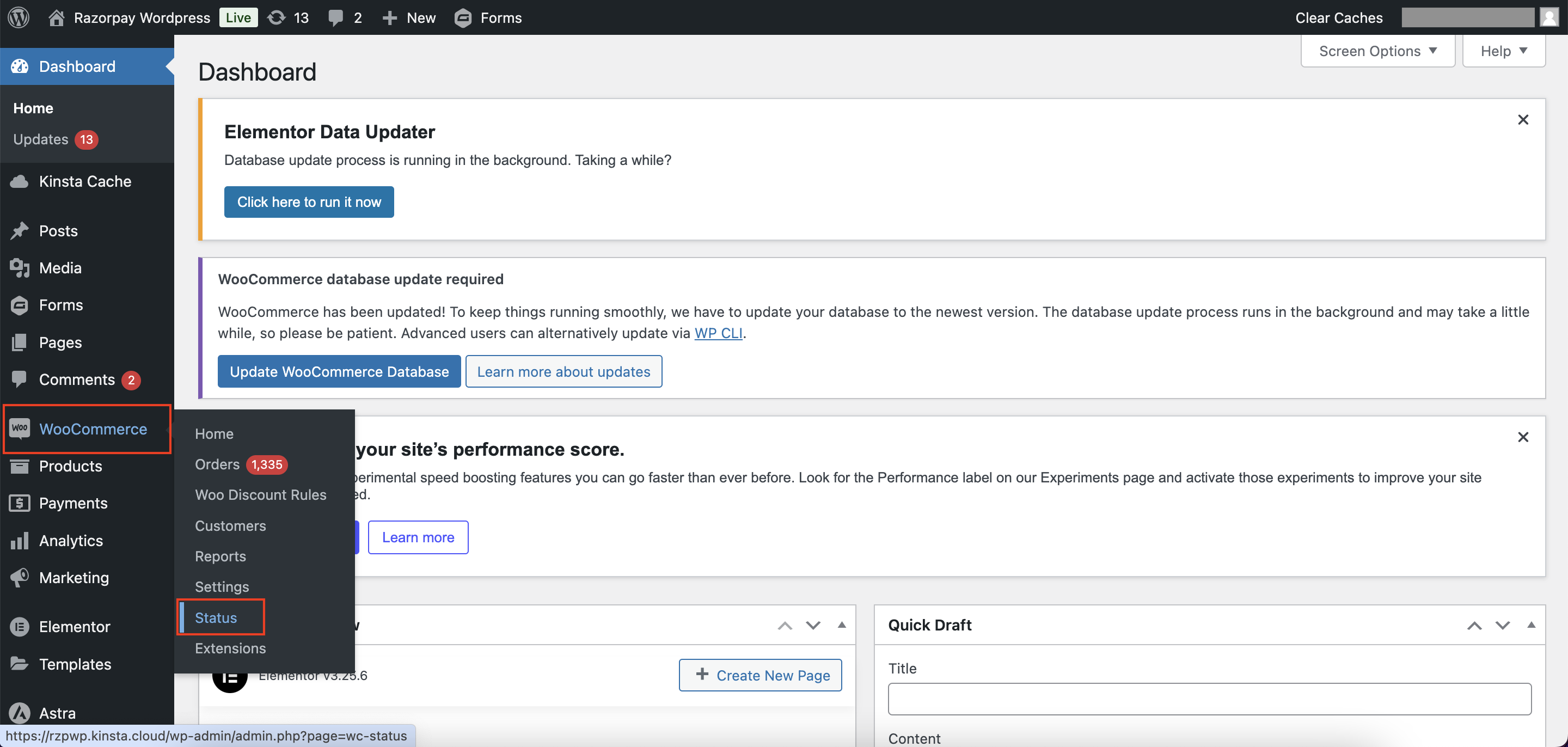 Woocommerce Dashboard status