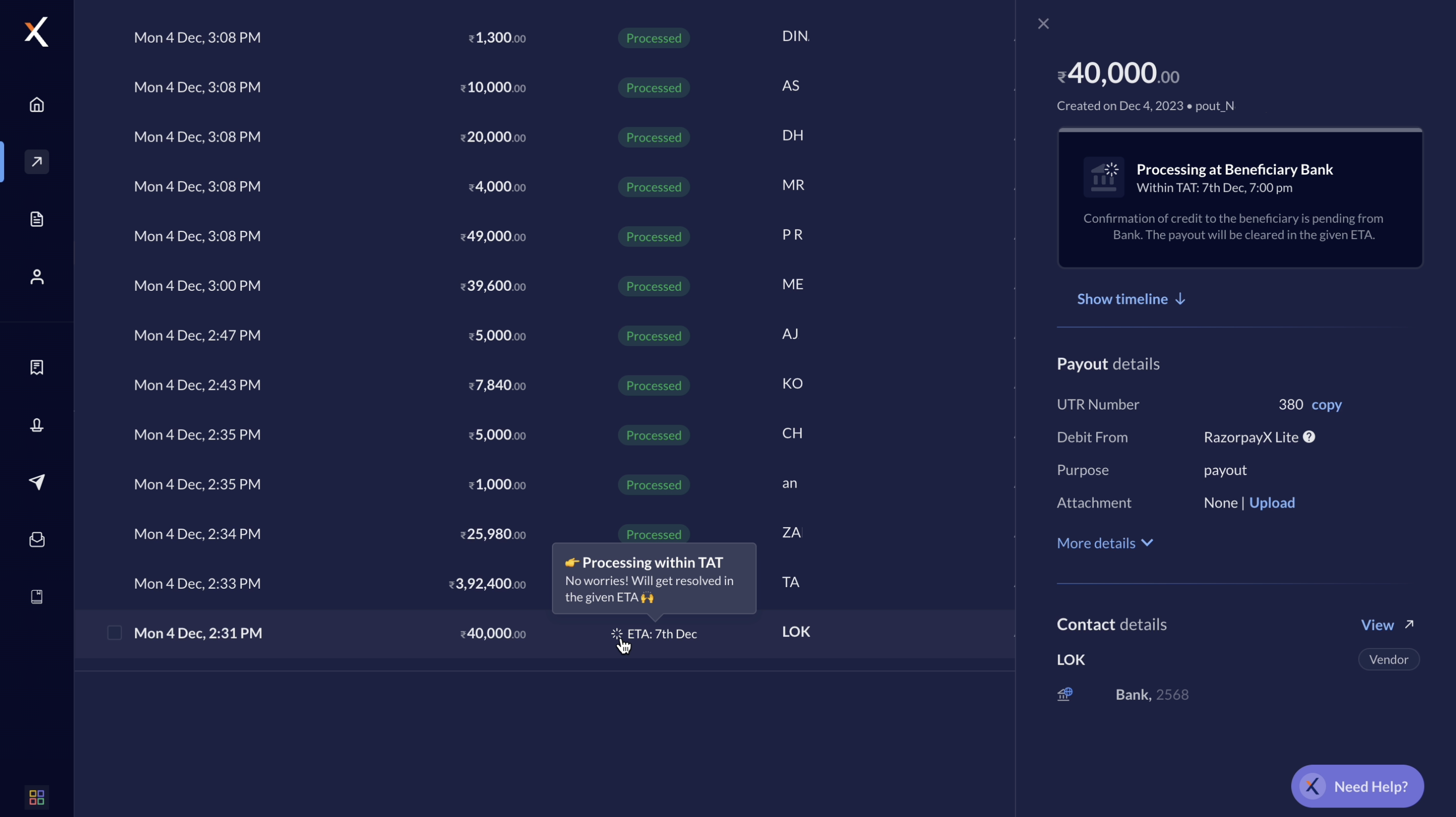 Payout status details on RazorpayX Dashboard
