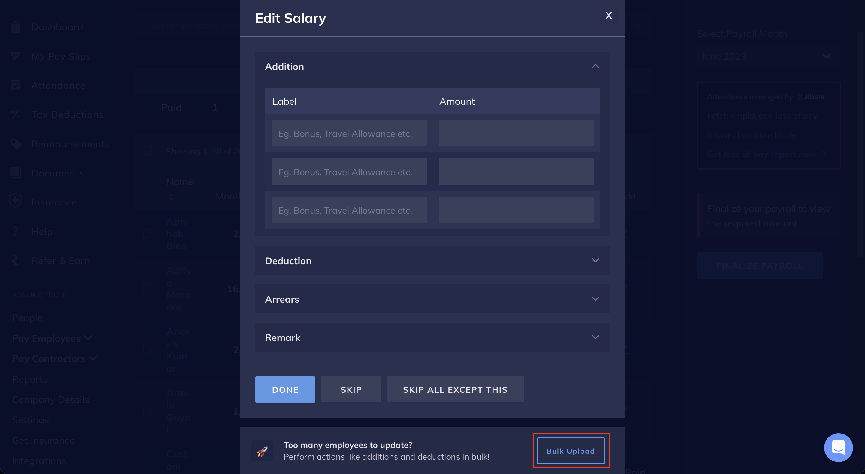 Bulk upload attendance modification at the page bottom