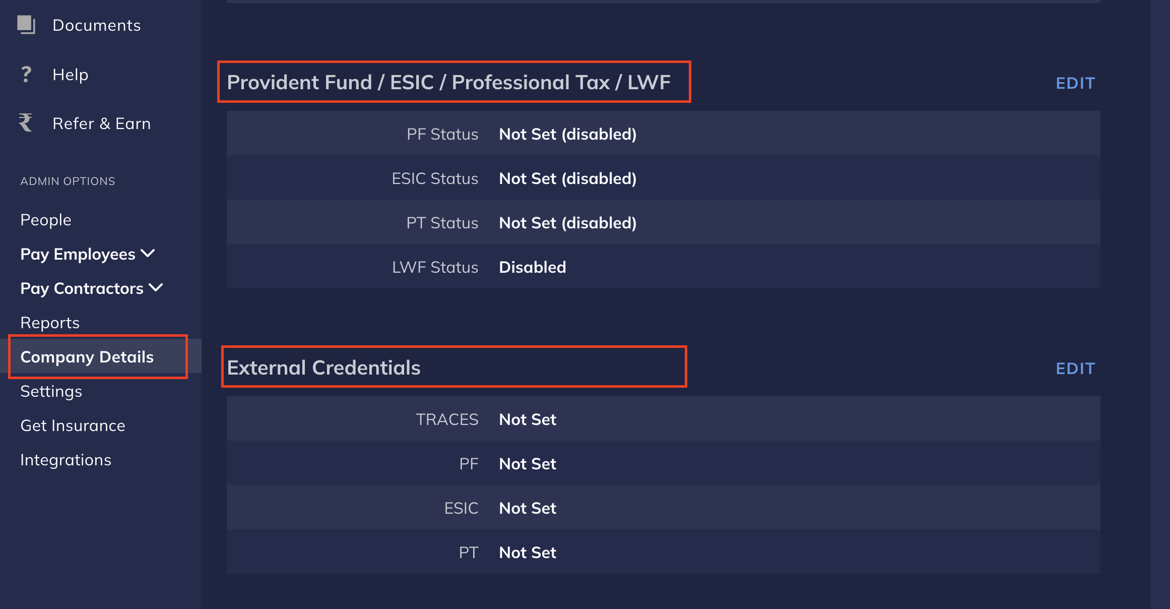 Changing compliance settings like PF and external credentials in Payroll