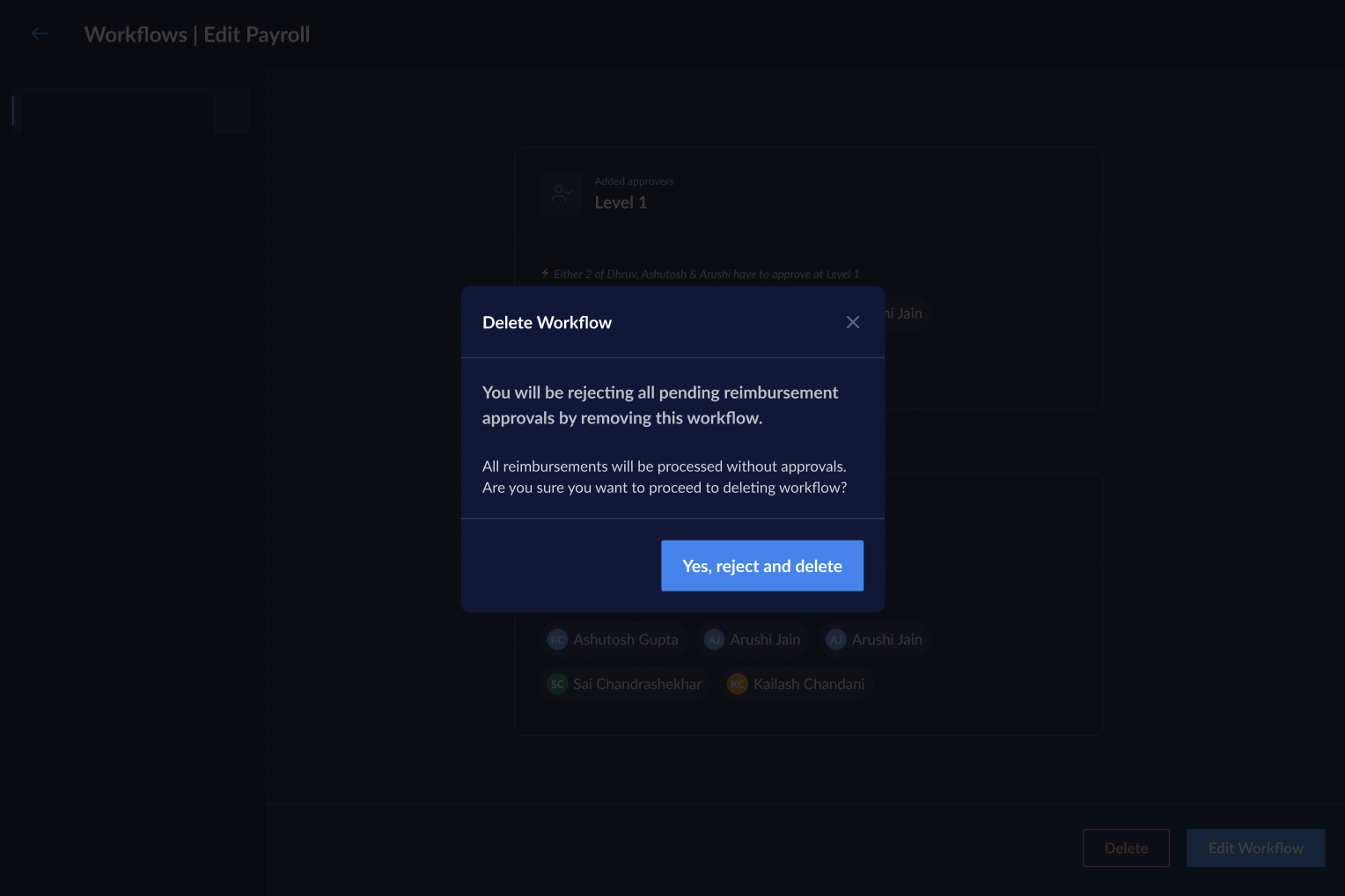 Delete Workflow modal on the Razorpay Payroll Dashboard