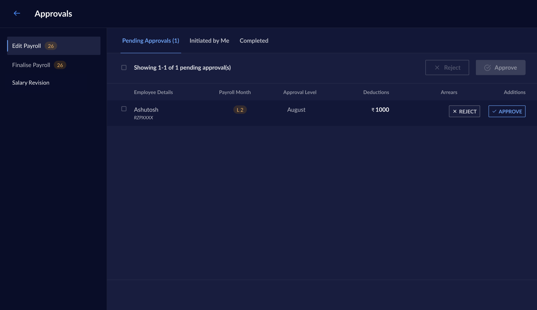 Approve requests on the Razorpay Payroll Dashboard