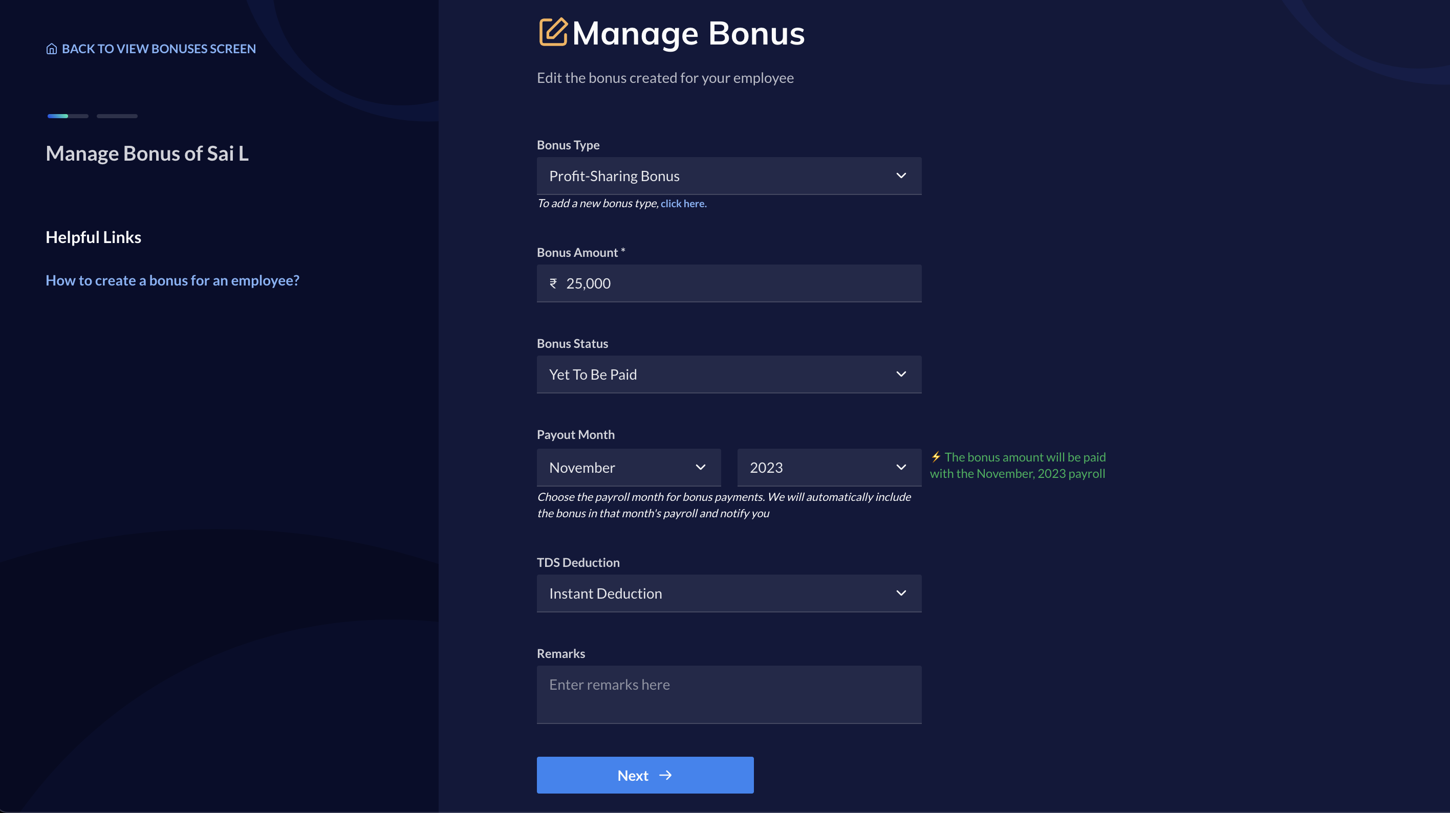 Edit bonus details in RazorpayX Payroll