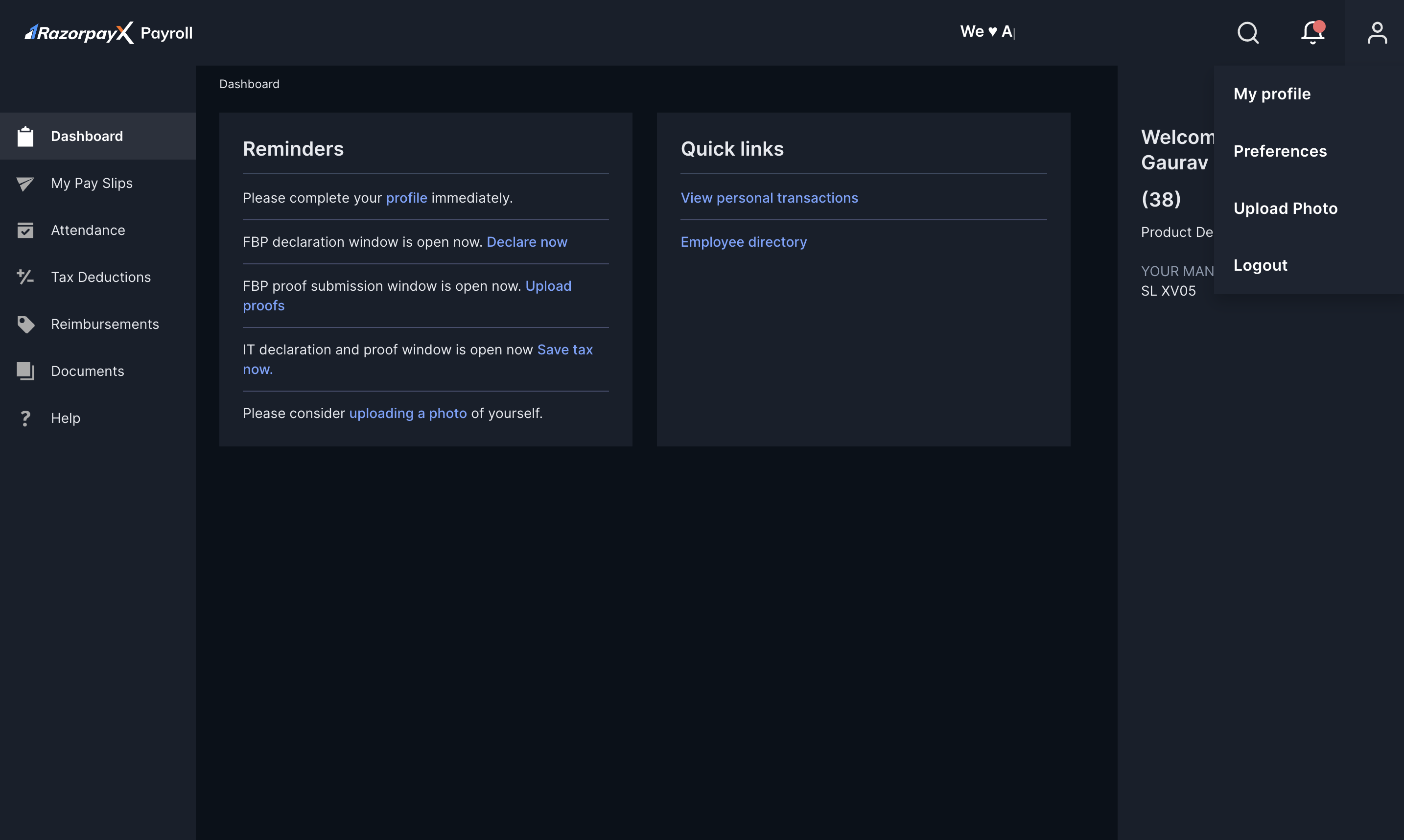 Navigating to setting up profile on Payroll Dashboard