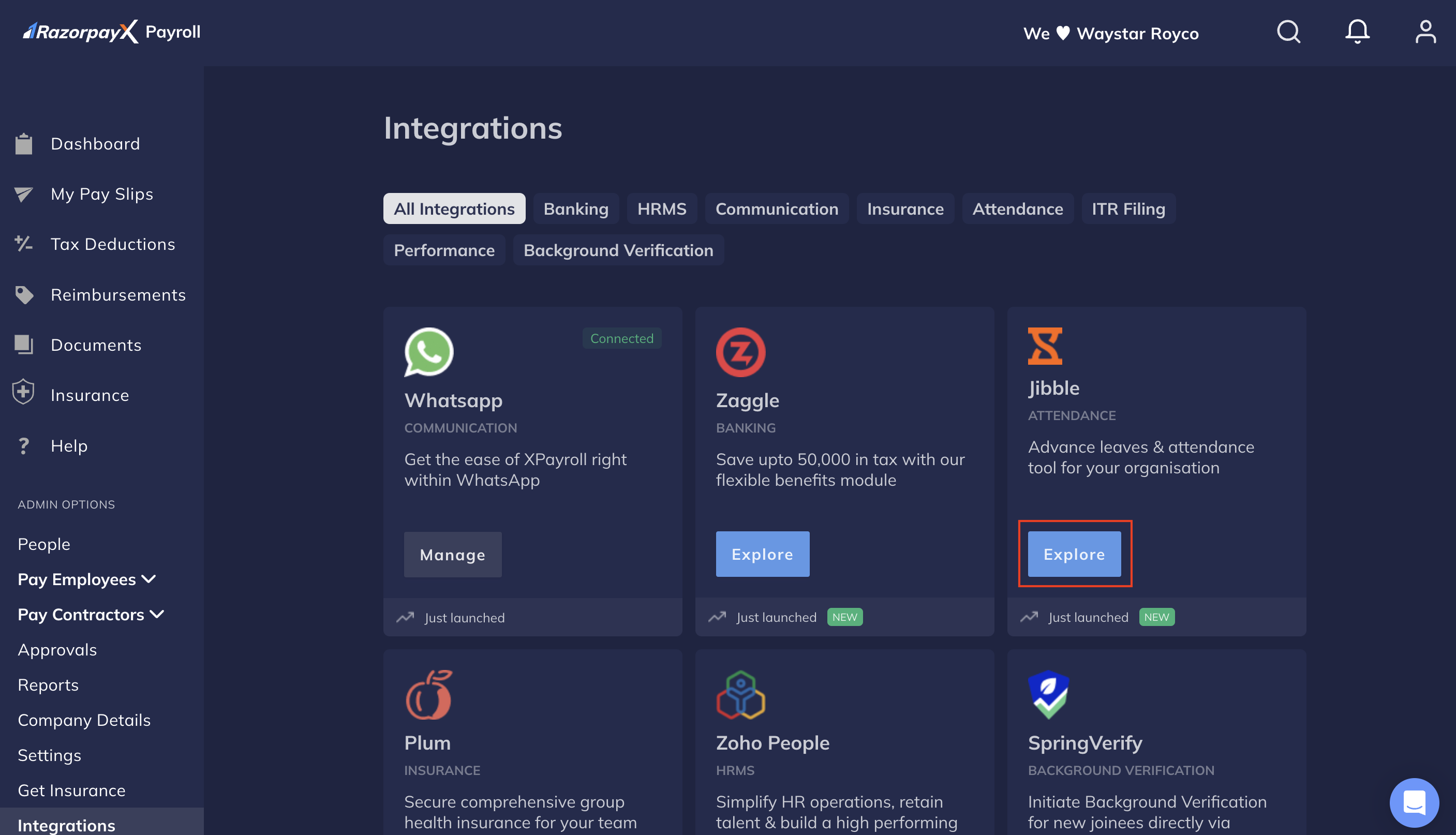 Jibble Integration option on the Razorpay Payroll Dashboard