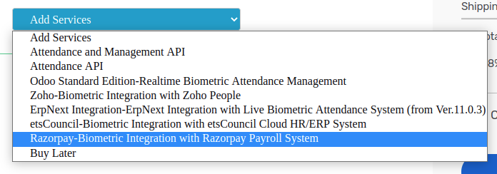 Add services drop-down menu showing integration option with RazorpayX Payroll