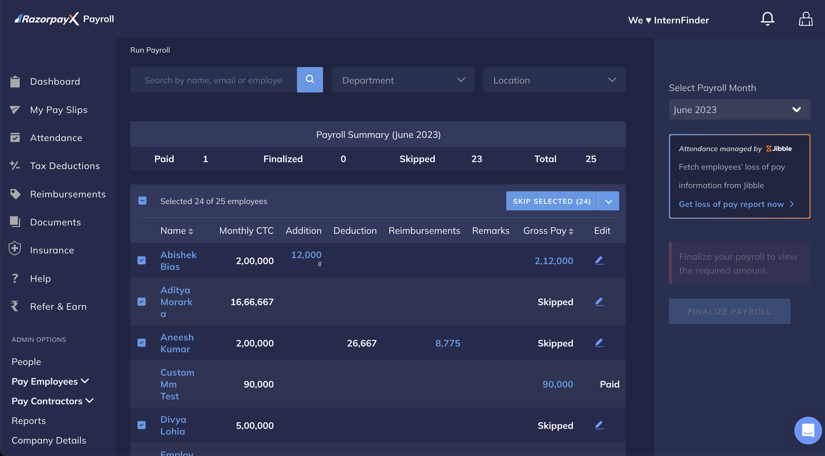 Bulk skip salary selection on Payroll