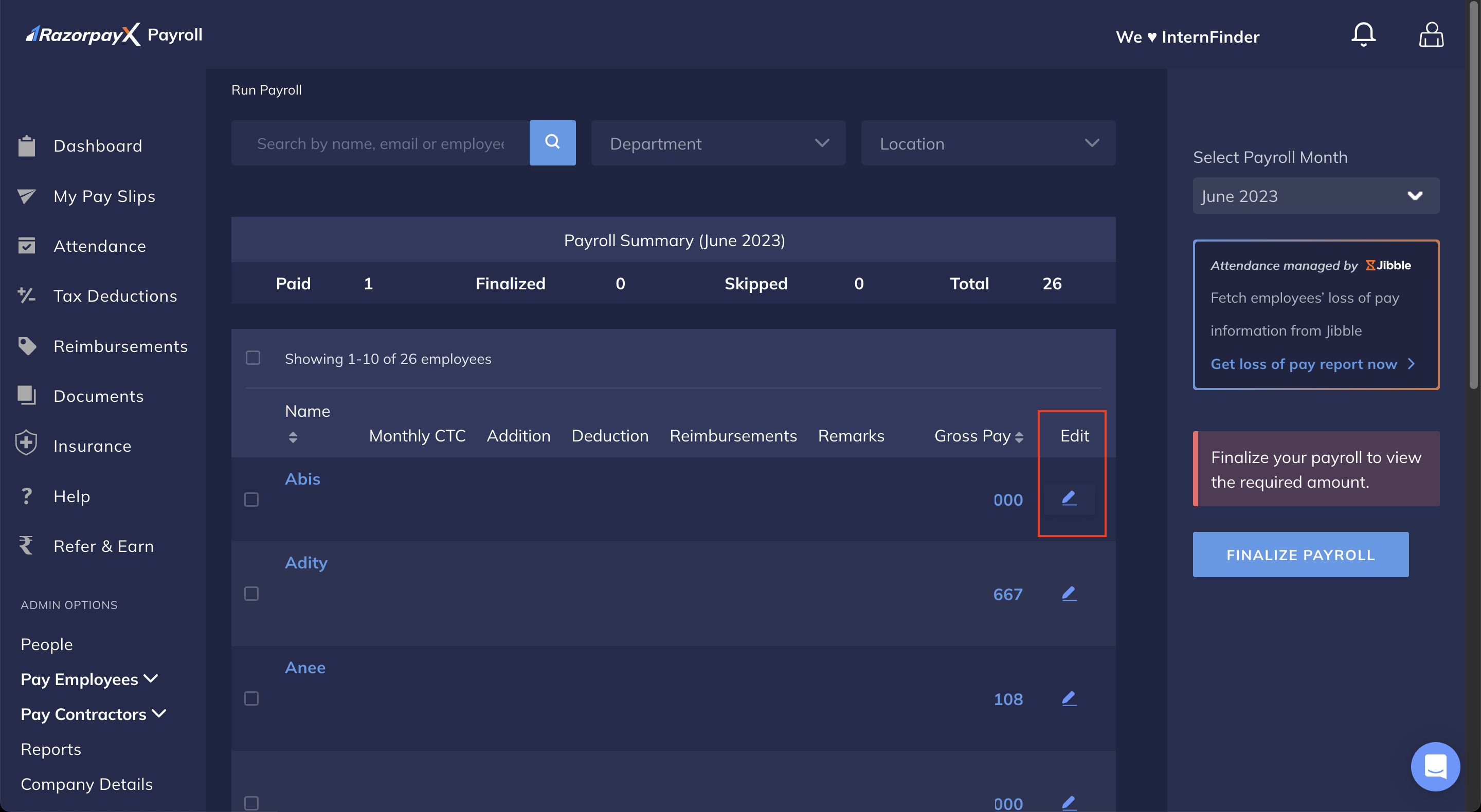 Edit icon against employee details field