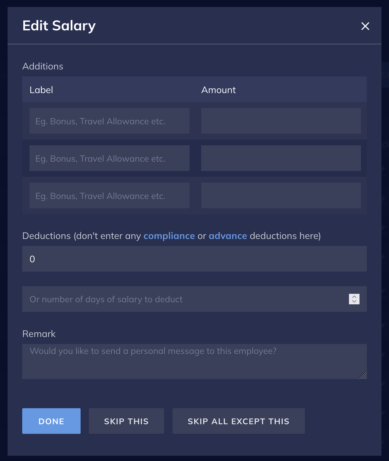 Edit Salary window to enter amount and labels on Payroll.