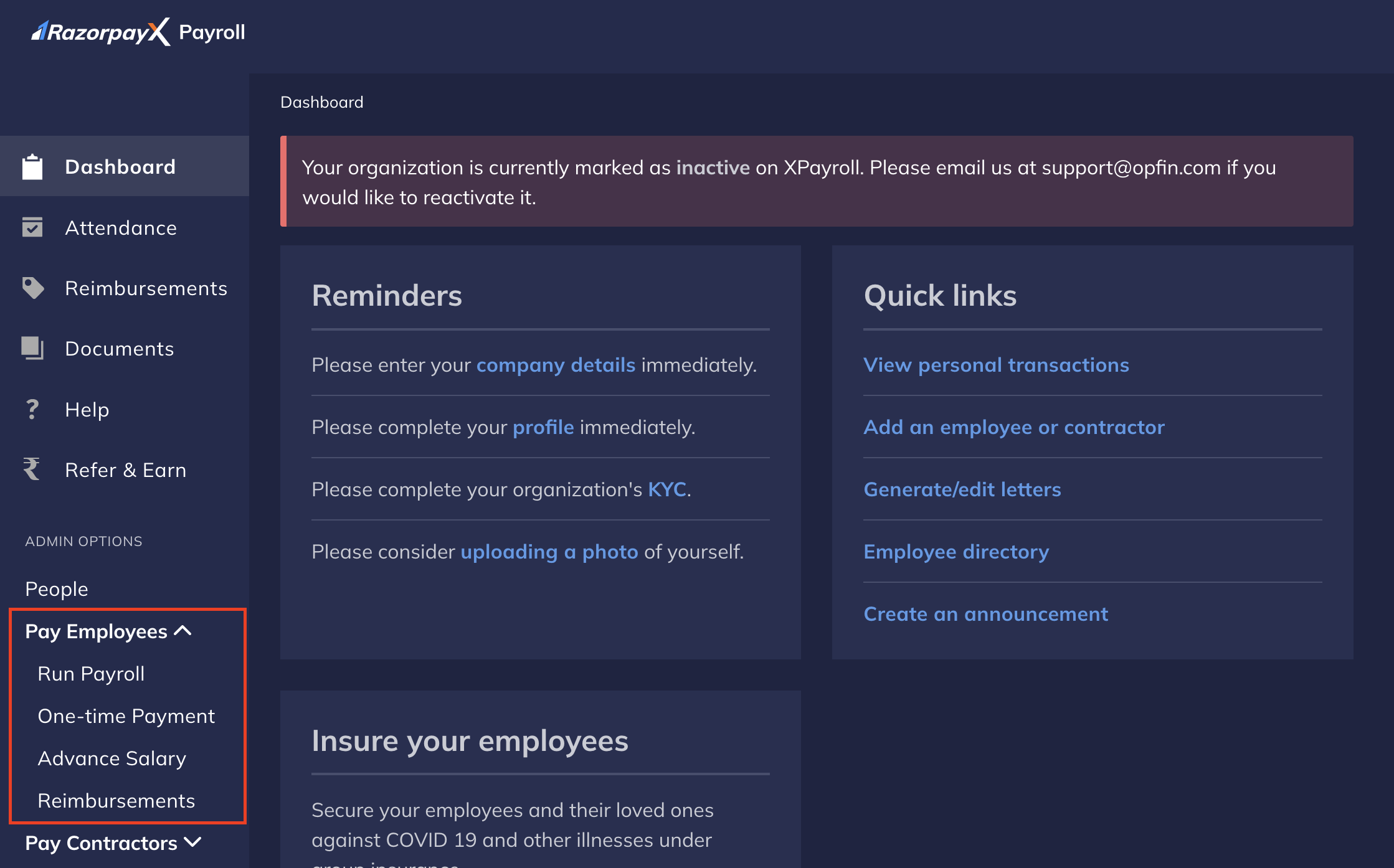 Pay Employees drop-down higlighting: Run Payroll, One-time Payments, Advance Salary and Reimbursements.