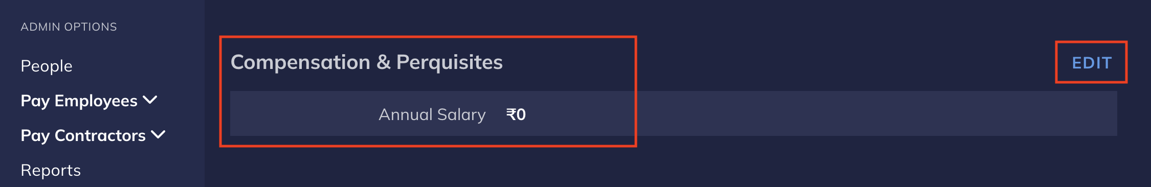Set annual salary to 0 under Compensation & Perquisites.